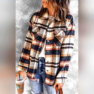 Blue Geometric Plaid Printed Pocketed Shacket